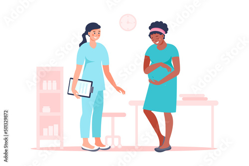 Black woman pregnant with doctor in hospital medical office examination during pregnancy. Vector flat illustration. Pregnancy and maternity concept. Expectant mother, motherhood, single mother.