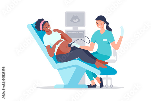 Sonographer scanning and examining black woman pregnant in hospital medical office. Examination during pregnancy. Concept of medicine ultrasound scan. Happy future mother at medical checkup.