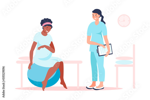 Black woman pregnant preparing for childbirth at hospital with doctor. Birth positions for pregnant woman during birth pains, help methods for painless childbirth labor, on fitness ball, at chair.
