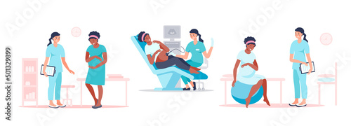 Black pregnant woman visiting doctor for examination, sonographer scanning, preparing for childbirth. Happy future mother at medical checkup. Pregnancy and maternity concept. Vector flat illustration
