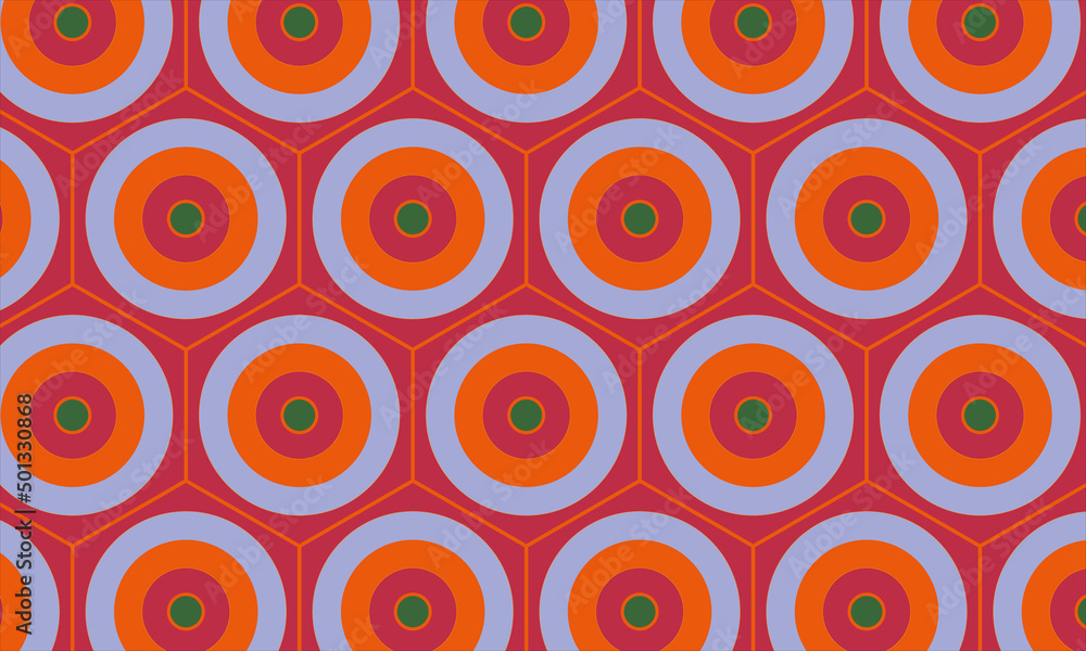 Pattern of concentric circles of different colors: pastel purple, orange, dark green, surrounded by hexagons and a fuchsia background. Retro style, elegant and energetic. For decoration or packaging. Pattern of concentric circles of different colors: pastel purple, orange, dark green, surrounded by hexagons and a fuchsia background. Retro style, elegant and energetic. For decoration or packaging.