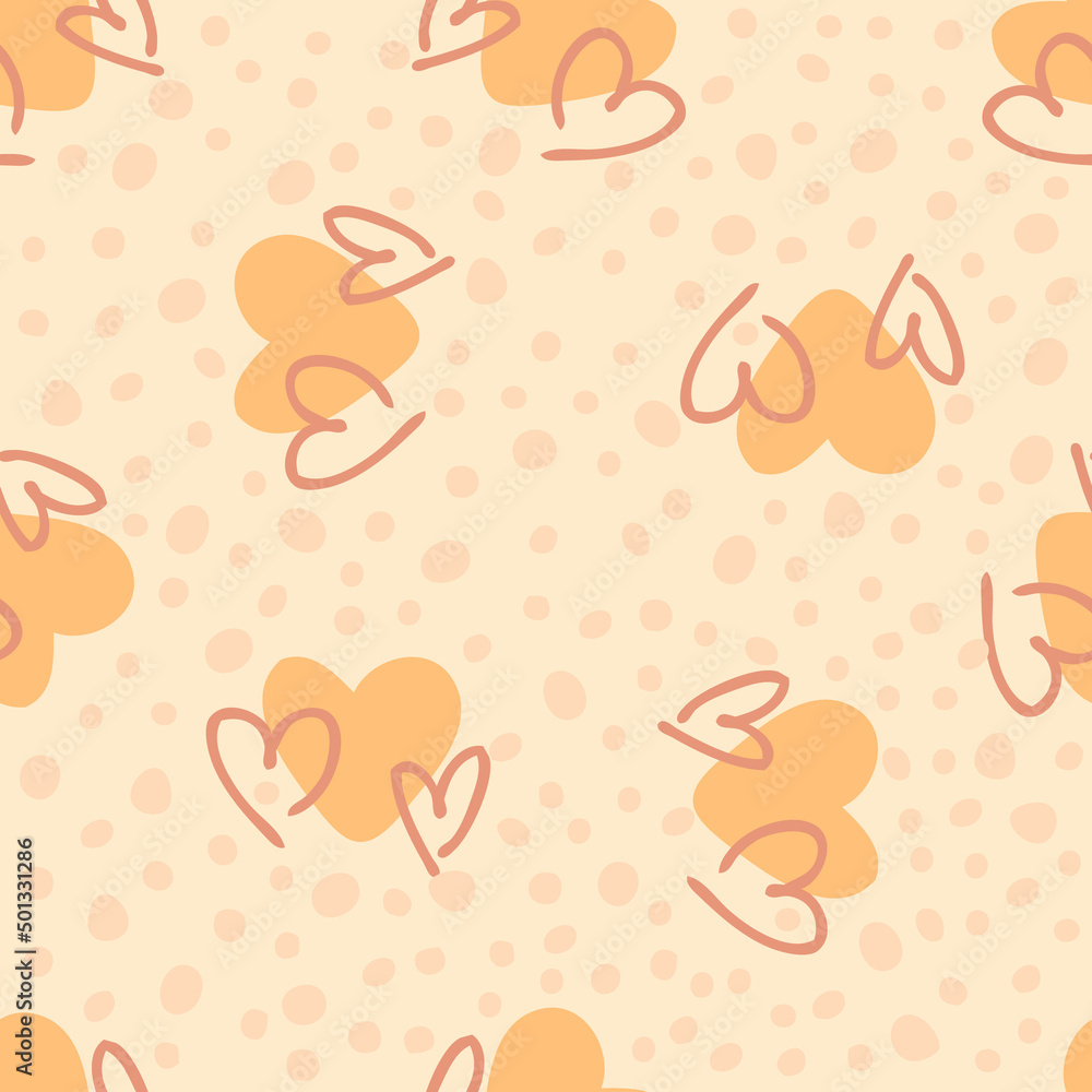 Romantic seamless pattern with hearts and abstract dots. Hippie aesthetic print for fabric, paper, T-shirt. Doodle vector illustration for decor and design.