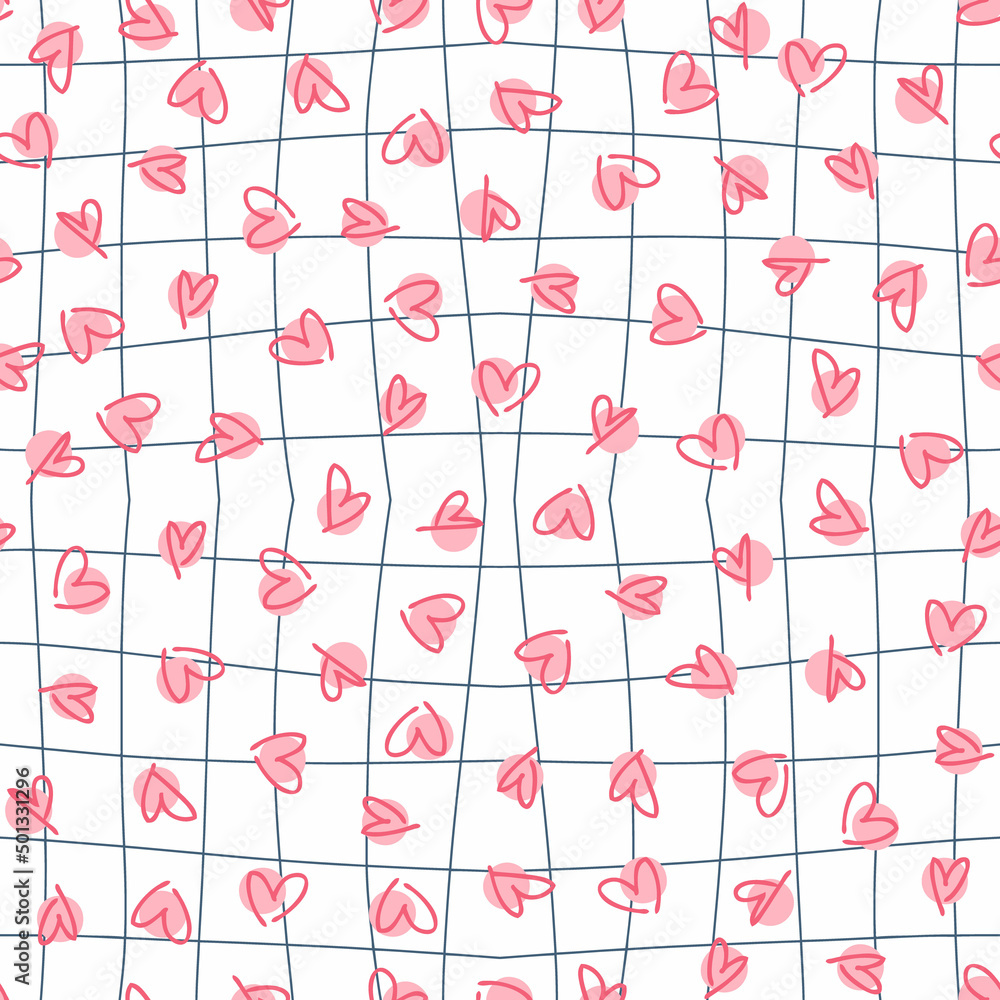 Trippy grid seamless pattern with simple hearts and spots. Checkered background with distorted squares. Funky doodle vector illustration for decor and design. Trippy grid seamless pattern with simple hearts and spots. Checkered background with distorted squares. Funky doodle vector illustration for decor and design.