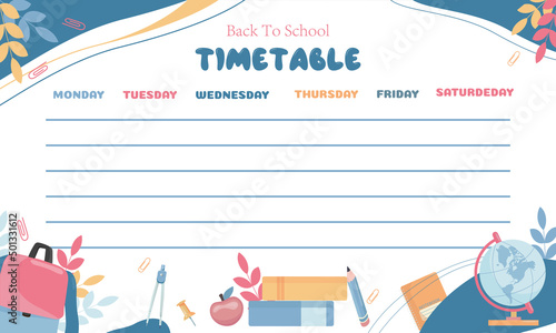 Timetable template for elementary school. Weekly planner template with school items.