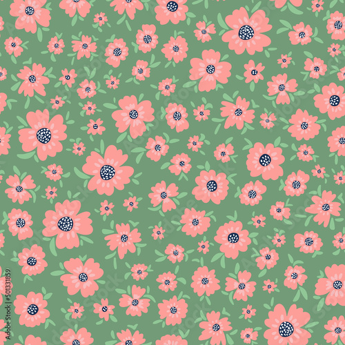 Wallpaper Mural Flowers with leaves seamless repeat pattern. Random placed, vector botany all over surface print on green background. Torontodigital.ca