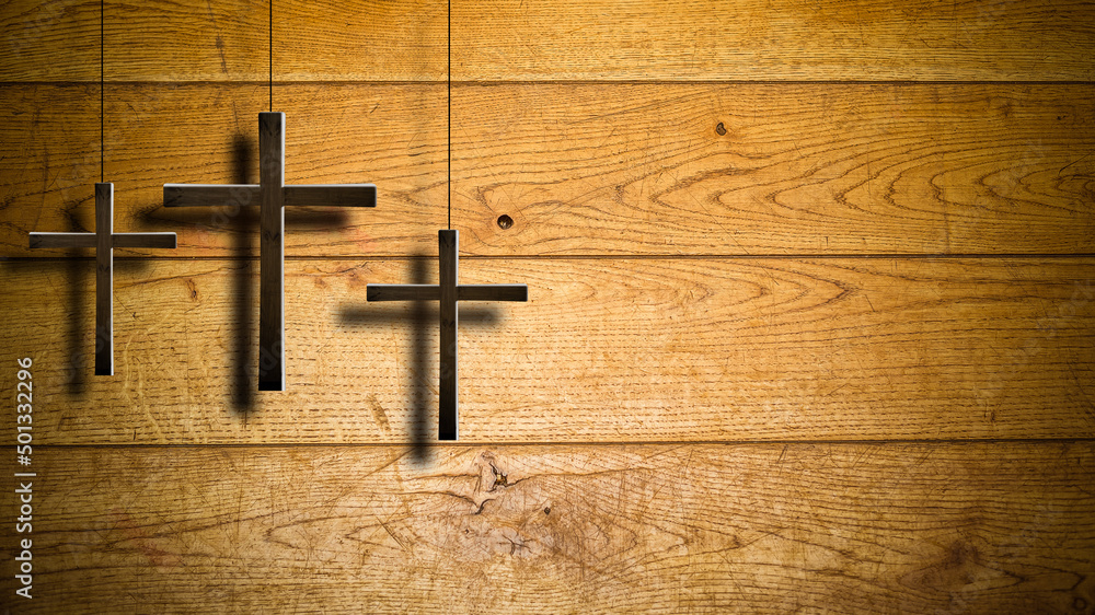 three crosses on a background of walls