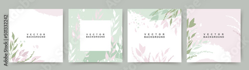 Abstract green pink flower background. Social media post template with plant and leaves  elements. Vector illustration for card, banner, invitation, poster, mobile apps, web ads