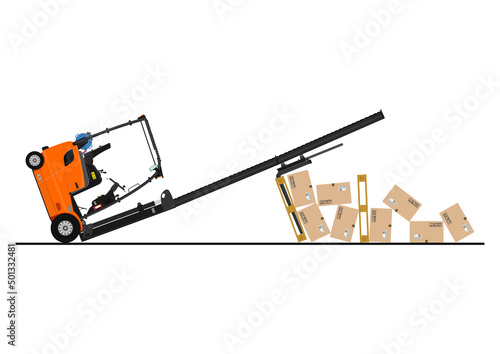 Tipping forklift accident. Vector design of an overturned forklift.