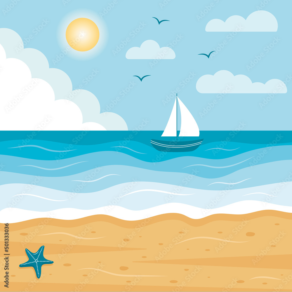 Naklejka premium Seascape with sailboat and tropical beach with starfish. Paradise nature vacation, ocean or sea seashore.