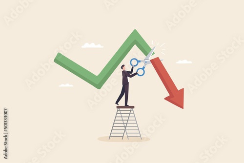 Cut loss concept. Stop losing assets from stock market volatility. stop loss Minimize losses for profit. Investor is stopping loss with the scissors. photo