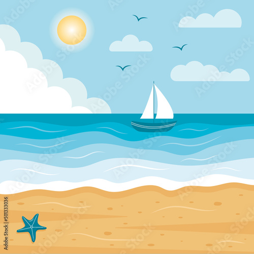 Seascape with sailboat and tropical beach with starfish. Paradise nature vacation, ocean or sea seashore.