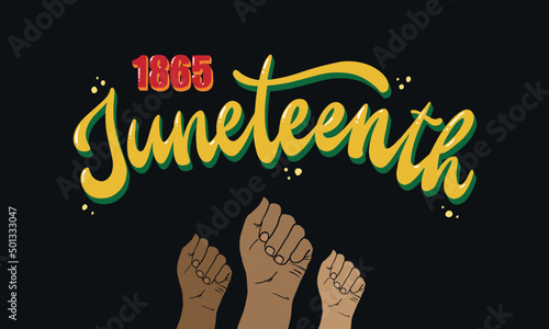 Juneteenth 1865 lettering quote decorated with risen hands on black background. Good for posters, prints, cards, apparel decor, etc. Black history month theme. EPS 10