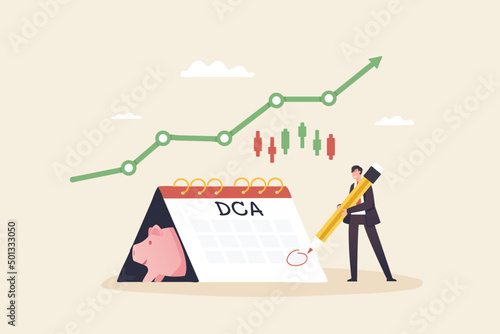 Saving stock, DCA, Dollar-cost averaging or .Average cost investment. Invest in savings on a monthly, quarterly basis. Investors record stock savings date in calendar.