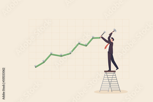 adjustments, Modifying investment portfolio from stock market crash,making bullish run concept. .Businessman climbing up on a ladder to adjust an uptrend graph chart on a wall.