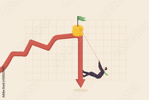 The stock market or crypto-currency is in decline. economic crisis or investment risk The concept of volatility. A businessman tries to climb the chart back to the top of the profit point.