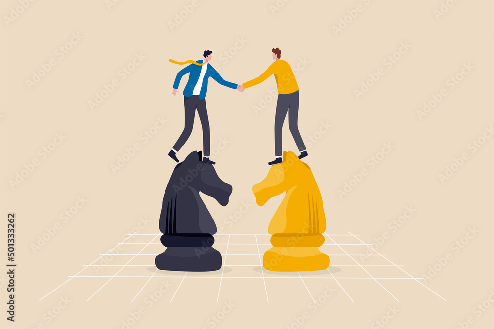 Negotiation skill to deal with competitor, agreement or partnership decision, collaboration strategy to success together concept, businessman leader shaking hand on knight chess metaphor of agreement. - obrazy, fototapety, plakaty 