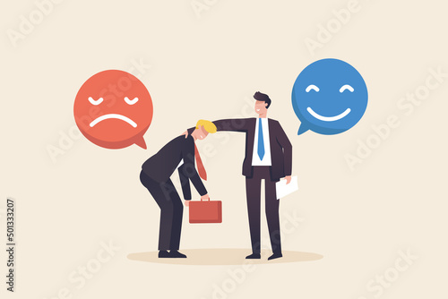 Positive thoughts, negative emotions, bad experiences. The customer or colleague is not happy. optimistic, compassionate attitude. Leader comforts his subordinates.