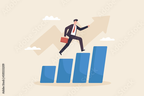 Successful investors, growth chart, investment strategies, portfolios, income gains, earn more, financial management. Businessman running on bar chart.