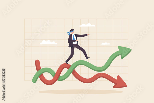 market volatility, business risk. investment risk price uncertainty. Digital asset risk and financial instability. Businessman walking on arrow chart with price risk and profit.