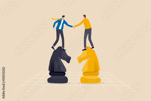 Negotiation skill to deal with competitor, agreement or partnership decision, collaboration strategy to success together concept, businessman leader shaking hand on knight chess metaphor of agreement.