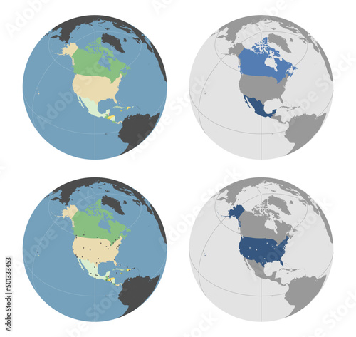 Round Globe Vector Map with North American Countries highlighted and Major Cities optionally mapped  see top and bottom . Any country combinations could be highlighted. North America Map. USA Map