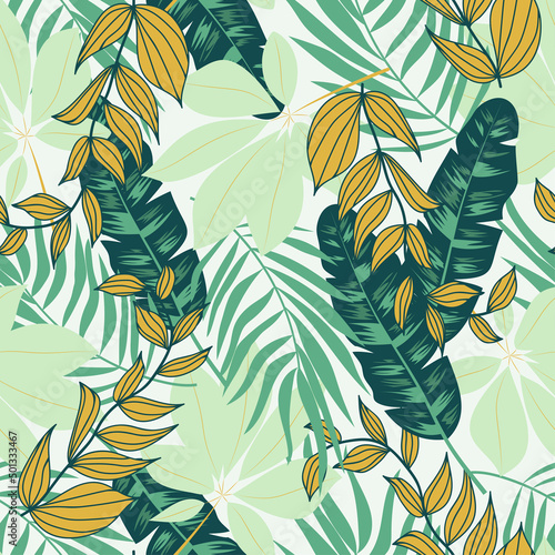 Abstract seamless tropical pattern with bright plants and leaves on a gray ba...