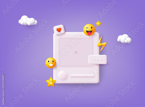 Social media communication platform concept. Photo frame with love icons. 3D Web Vector Illustrations.