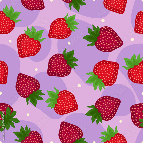 Ripe strawberries, white dots on calm purple spots and light pink background. Seamless fruit doodle pattern. Suit for wrappging paper, textile, packaging. Clipping.