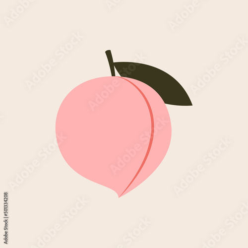 Peach cartoon vector. Doodle peach with leaves icon. Peach fruit in shape of heart isolated on white background. Farm, natural food, fresh fruits.