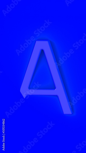 Letter A Is Blue on Blue background. Part of letter is immersed in background. Vertical image. 3D image. 3D rendering.