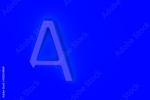 Letter A Is Blue on Blue background. Part of letter is immersed in background. Horizontal image. 3D image. 3D rendering.