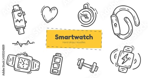 Smartwatch hand drawn doodle icons, digital watch sketch icon set, fit life healthy gadget line symbols, mobile electronic device, isolated on white background