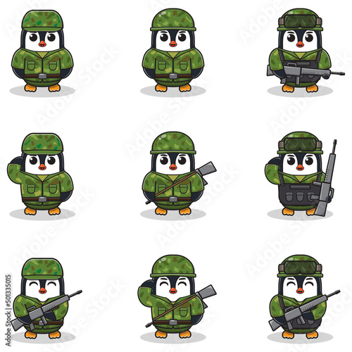 Vector illustrations of cute Penguin as Soldier. Cute army set. flat cartoon character design.
