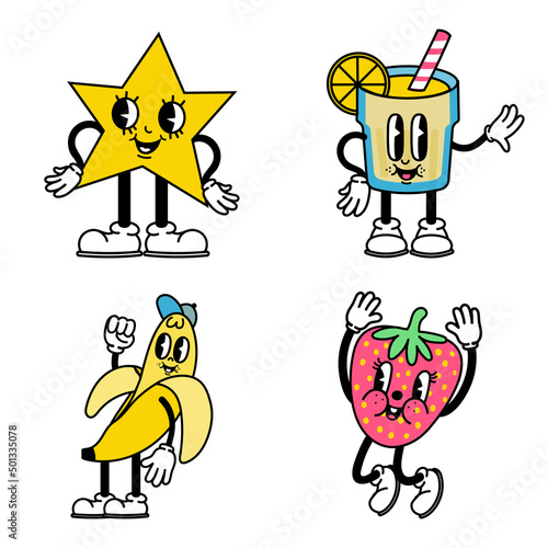 Trendy abstract cartoon character strawberry and banana