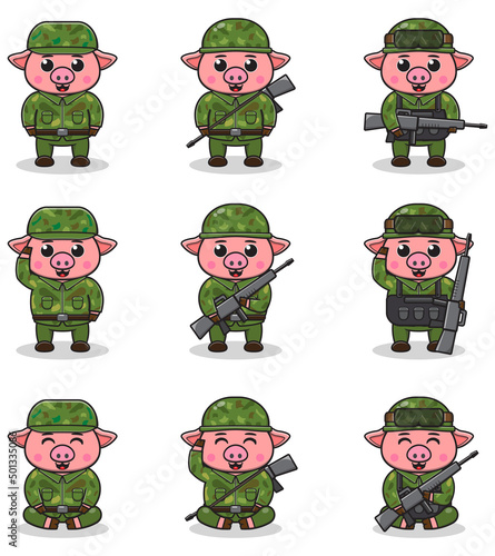 Vector illustrations of cute Pig as Soldier. Cute army set. flat cartoon character design.