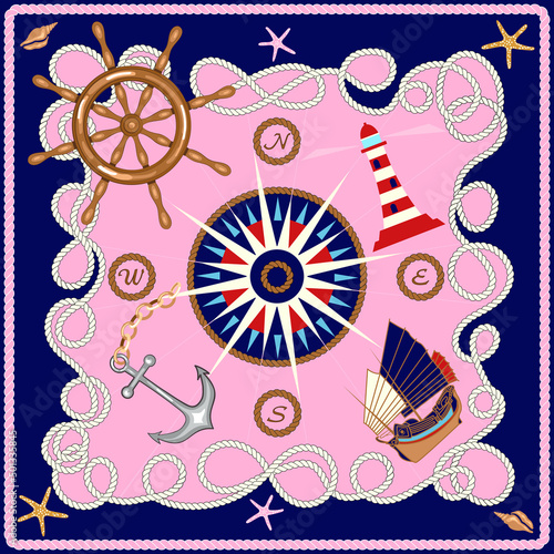 Silk scarf design with, rope, ship wheel, lighthouse, anchor, compass,  marine elements. Nautical frame, travel concept pattern.