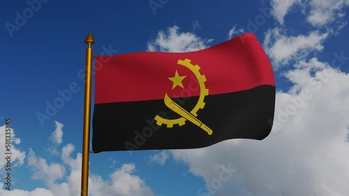 National flag of Angola waving 3D Render with flagpole and blue sky timelapse, Republic of Angola flag textile, Popular Movement for the Liberation of Angola MPLA photo