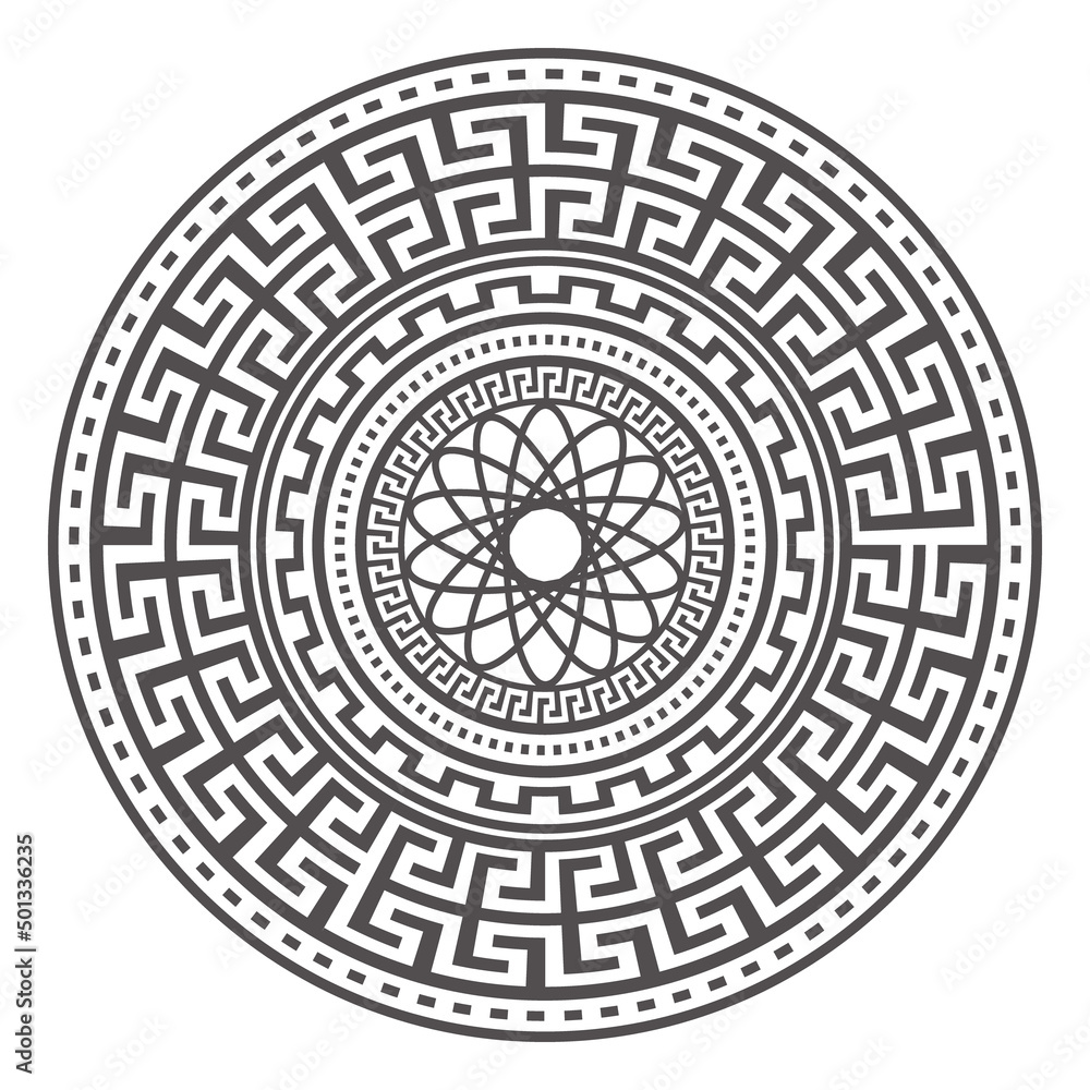 Circle greek mandala design. Round meander borders. Decoration elements patterns. Vector illustration isolated on white background
