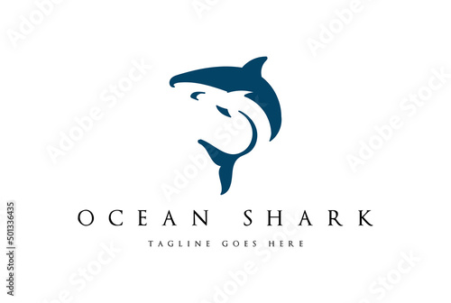 Simple Minimalist Ocean Blue Shark Fish Silhouette Logo Design Vector