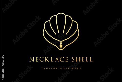 Elegant Golden Pearl Shell Scallop Oyster Seashell with Necklace for Jewelry Boutique Store Logo Design Vector