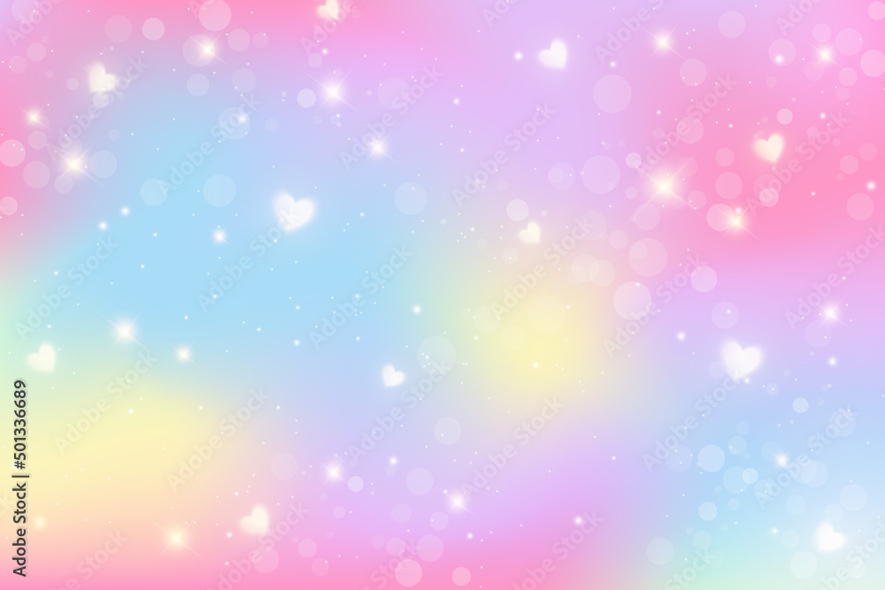 Rainbow unicorn background. Holographic illustration in pastel colors. Cute  cartoon girly background. Bright multicolored sky with stars and hearts.  Vector. Stock Vector | Adobe Stock