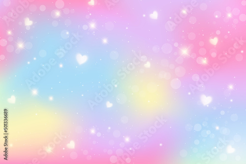 Rainbow unicorn background. Holographic illustration in pastel colors. Cute cartoon girly background. Bright multicolored sky with stars and hearts. Vector.