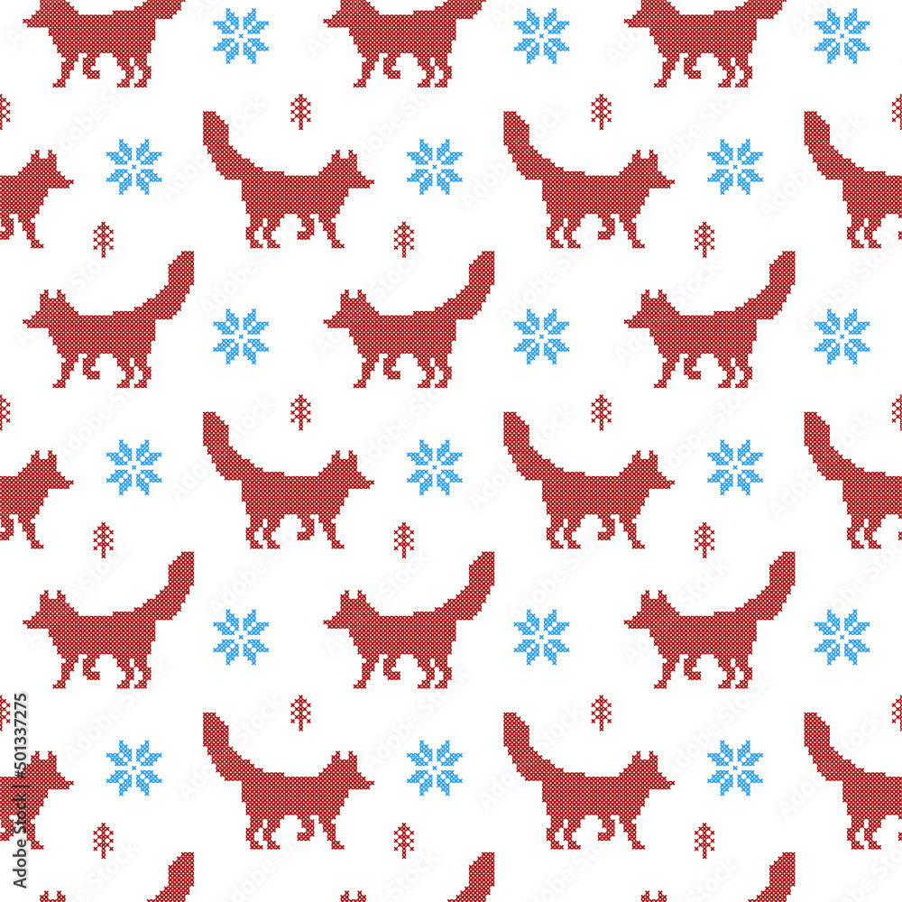 Walking foxes seamless Christmas background