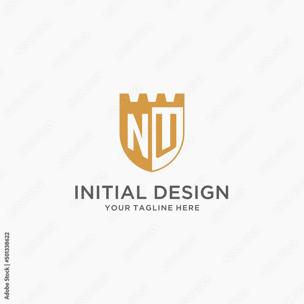 Monogram NU logo with shield and fort, elegant luxury initial logo ...