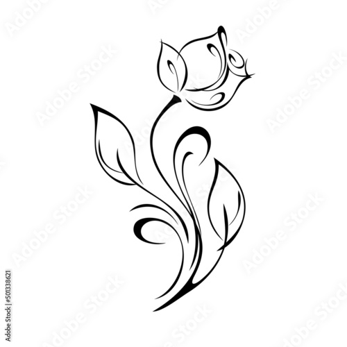 ornament 2295. one stylized rose flower bud on a curved stem with leaves and curls. graphic decor