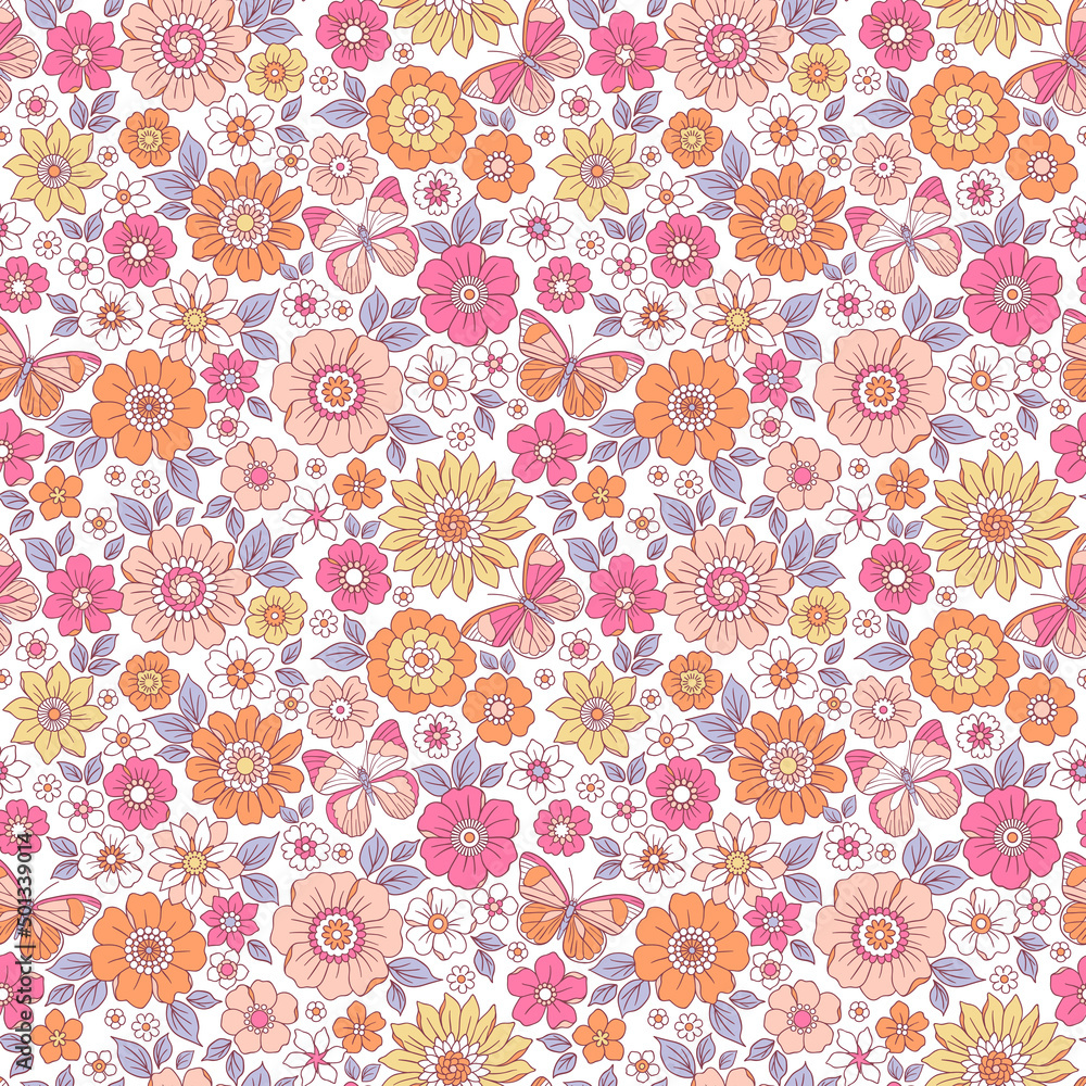 Colorful 60s -70s style retro hand drawn floral pattern. Multicolored flowers. Vintage seamless vector background. Hippie style, print  for fabric, swimsuit, fashion prints and surface design. Stock.