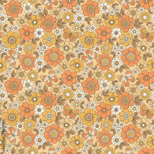 Colorful 60s -70s style retro hand drawn floral pattern. Beige orange colors flowers. Vintage seamless vector background. Hippie style, print  for fabric, swimsuit, fashion prints and surface design.