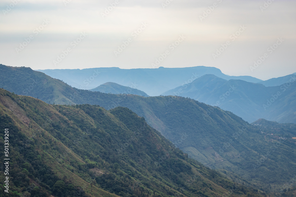 mountain valley covered with white mists and haze at morning from flat angle mountain valley covered with white mists and haze at morning from flat angle