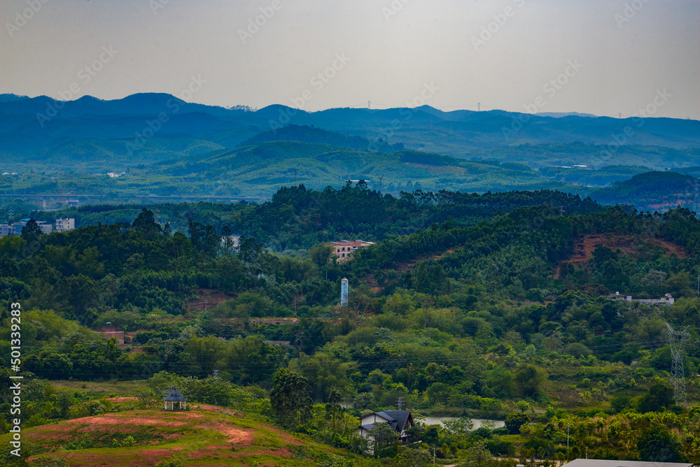 Suburban mountain landscape and distant mountains in Nanning, Guangxi, China