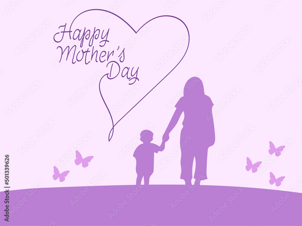 illustration of mother and child holding hands near happy mothers day lettering on purple. illustration of mother and child holding hands near happy mothers day lettering on purple.